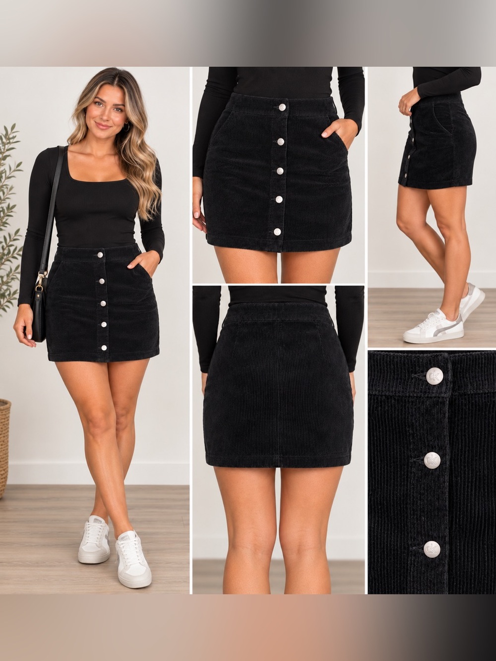 Calvin Klein Women's Black Corduroy Button-Front Mini Skirt size medium